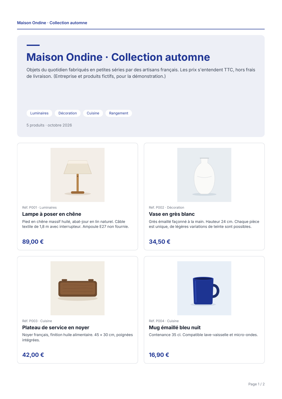 Exemple de page du modèle Catalogue Galerie