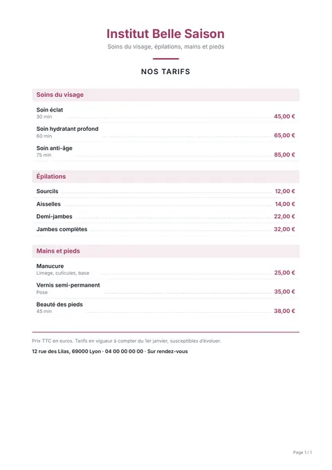 Aperçu d’une grille tarifaire PDF