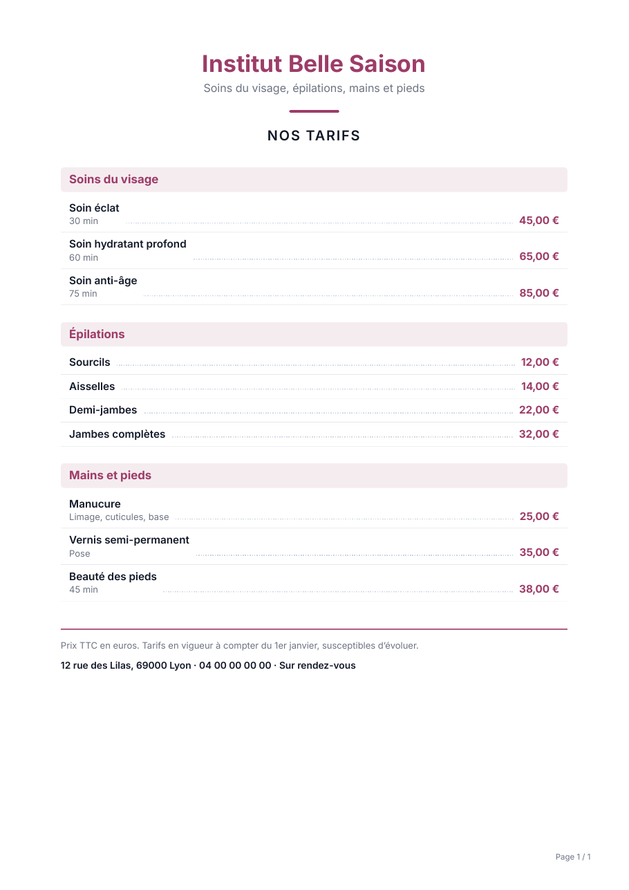 Exemple de grille tarifaire PDF d’un institut de beauté : soins du visage, épilations, mains et pieds