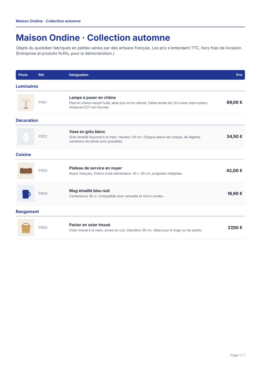 Exemple de page du modèle Liste tarifaire